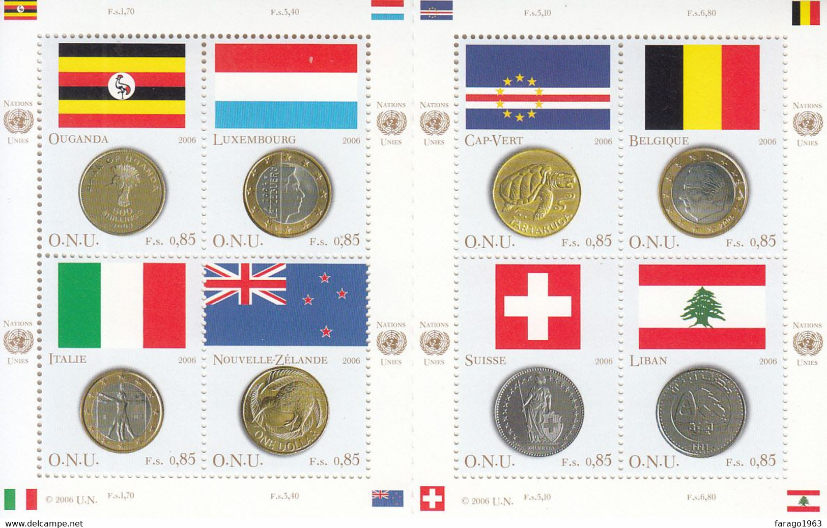 2006 United Nations Geneva Flags Coins Italy Lebanon Switzerland Miniature Sheet Of 8 MNH  @ BELOW FACE VALUE - Nuevos