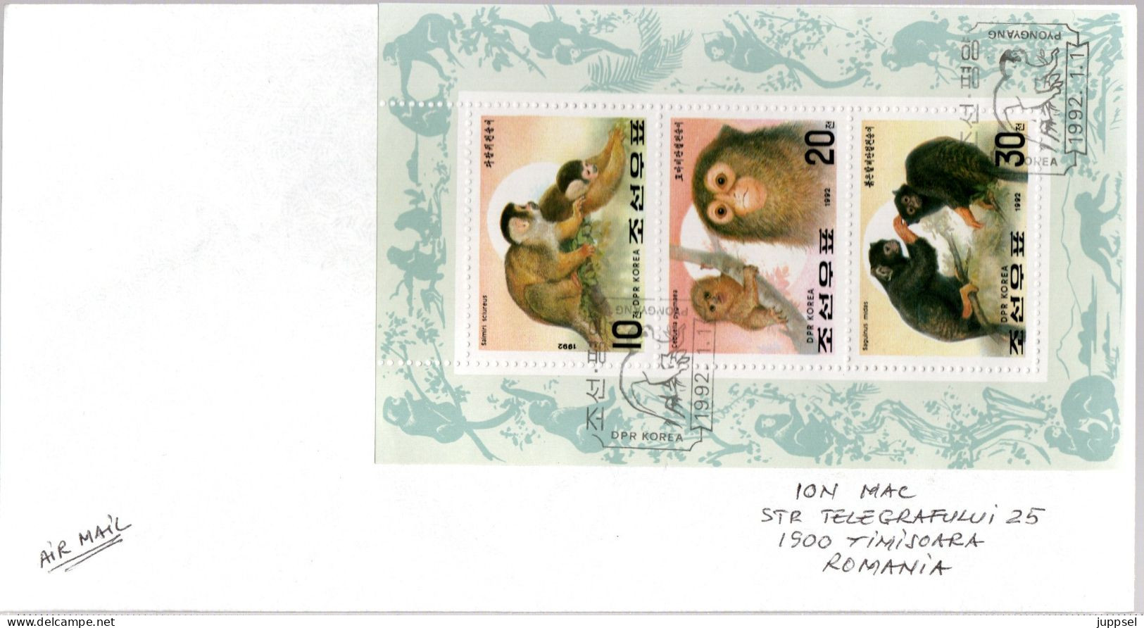 COREA  NORTH FDC, South American Monkey, Marmoset, Tamarin  / CORÈE Du NORD, Lettre De Première Jour, Sapajou, Marmouset - Apen