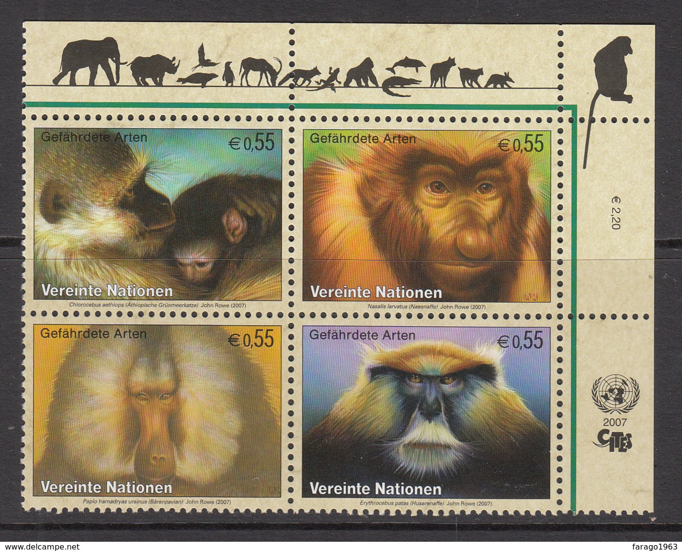 2007 United Nations Vienna Endangered Animals Monkeys Primates Block Of 4 MNH @ BELOW FACE VALUE - Neufs