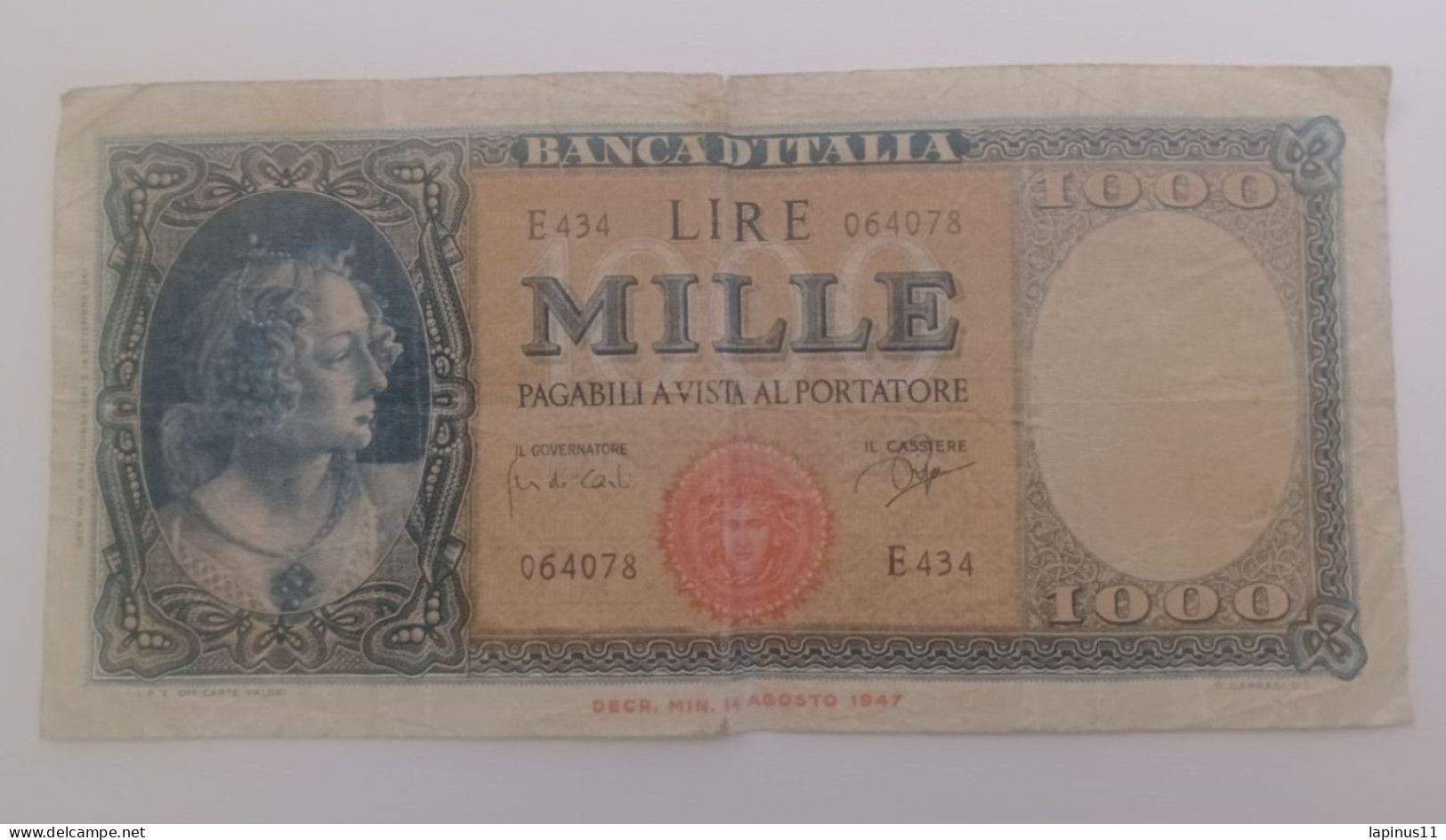 BANKNOTE MONEY PAPER 1000 LIRE SERIES E 434 SIGNED CARLI RIGA 14-08-47 DATE DECREE NO CATALOG RARA SNC - 1000 Lire