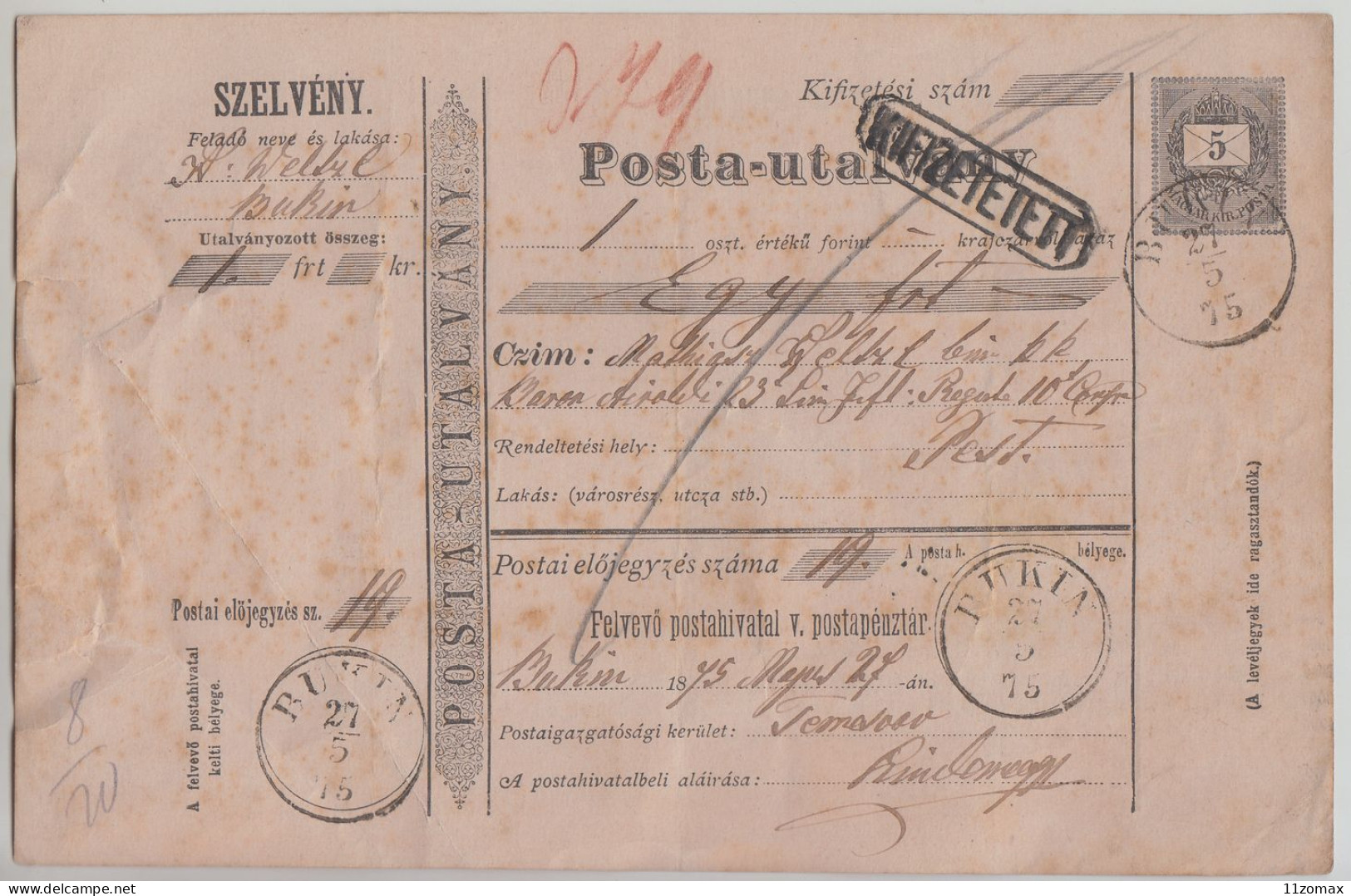 BUKIN (now Mladenovo Serbia) 1875. 5 Kr-os, Kétnyelvű Posta Utalvány To Budapest - VIPauction001 - Briefe U. Dokumente