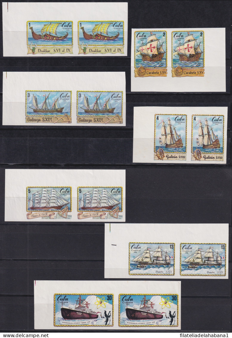 1972.160 CUBA 1972 IMPERFORATED PROOF HISTORY OF SHIP BARCOS PAIR.  - Ongetande, Proeven & Plaatfouten