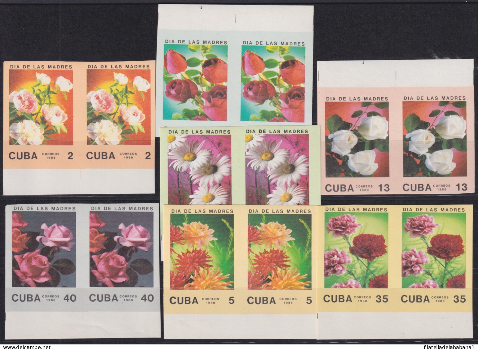 1988.135 CUBA MNH 1988 IMPERFORATED PROOF MOTHER DAY FLOWER FLORES PAIR.  - Ongetande, Proeven & Plaatfouten