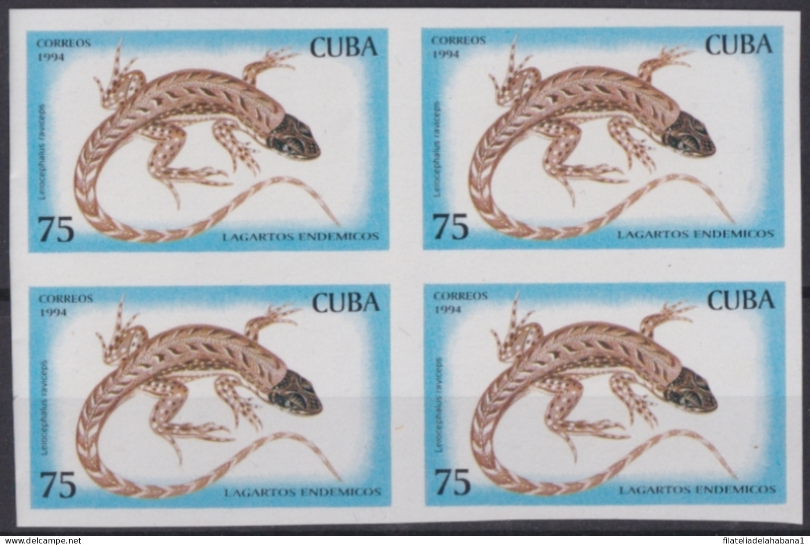 1994.349 CUBA MNH 1994 75c IMPERFORATED PROOF LIZARD LAGARTOS GECKO BLOCK 4.  - Imperforates, Proofs & Errors