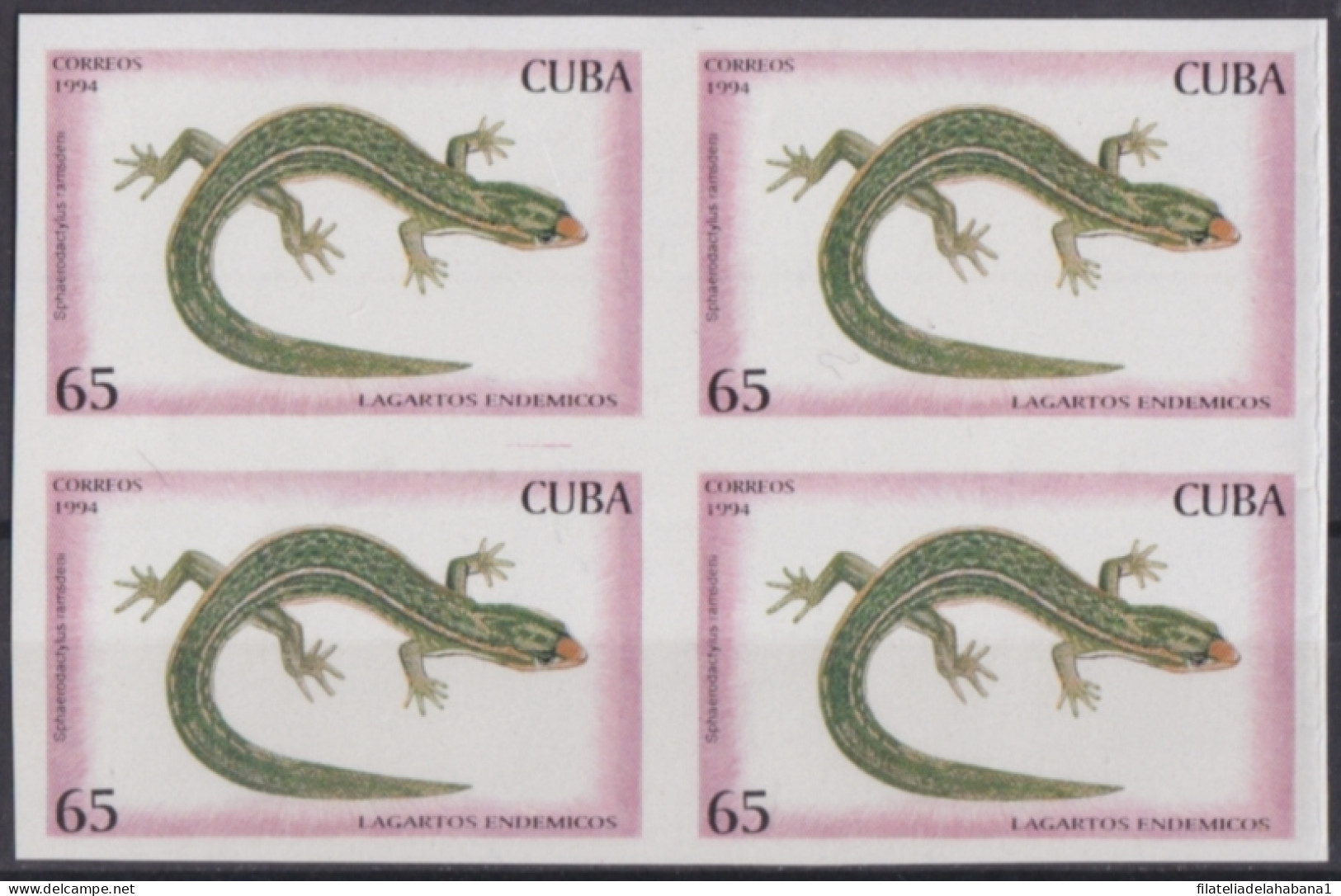 1994.350 CUBA MNH 1994 65c IMPERFORATED PROOF LIZARD LAGARTOS GECKO BLOCK 4.  - Imperforates, Proofs & Errors