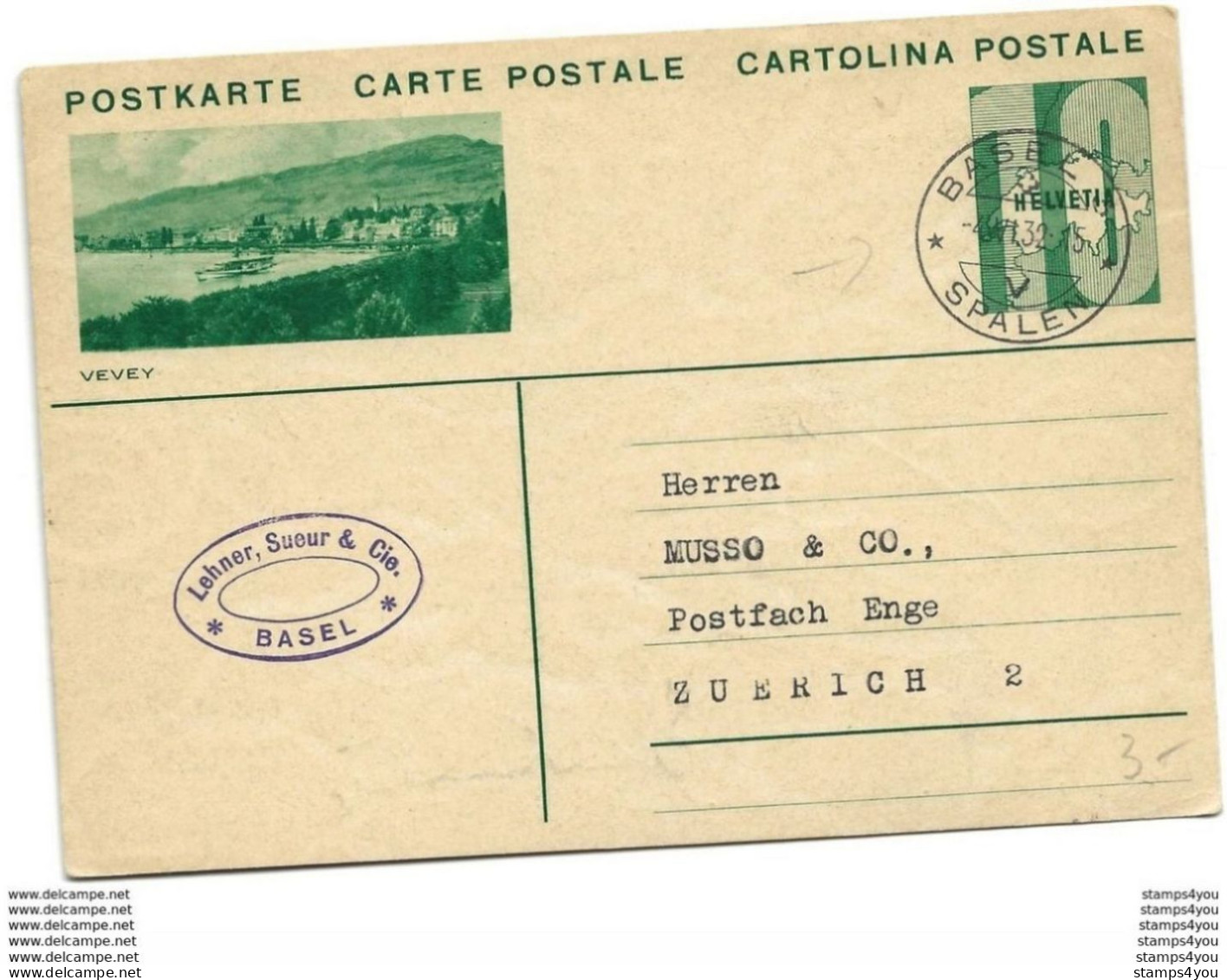 207 - 35 - Entier Postal Avec Illustration "Vevey" Superbe Cachet à Date Basel 1932 - Entiers Postaux