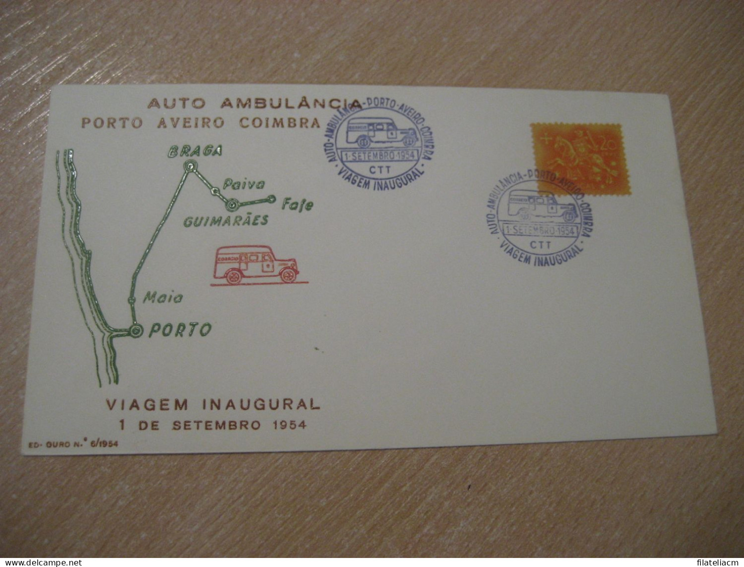 PORTO - AVEIRO - COIMBRA 1954 Viagem Inaugural Auto Ambulancia Van Truck Cancel Cover PORTUGAL - Camions