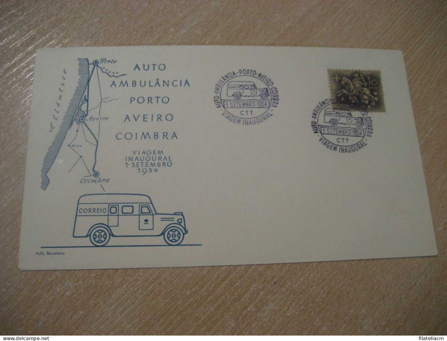 PORTO - AVEIRO - COIMBRA 1954 Viagem Inaugural Auto Ambulancia Van Truck Car Furgoneta Cancel Cover PORTUGAL - Trucks