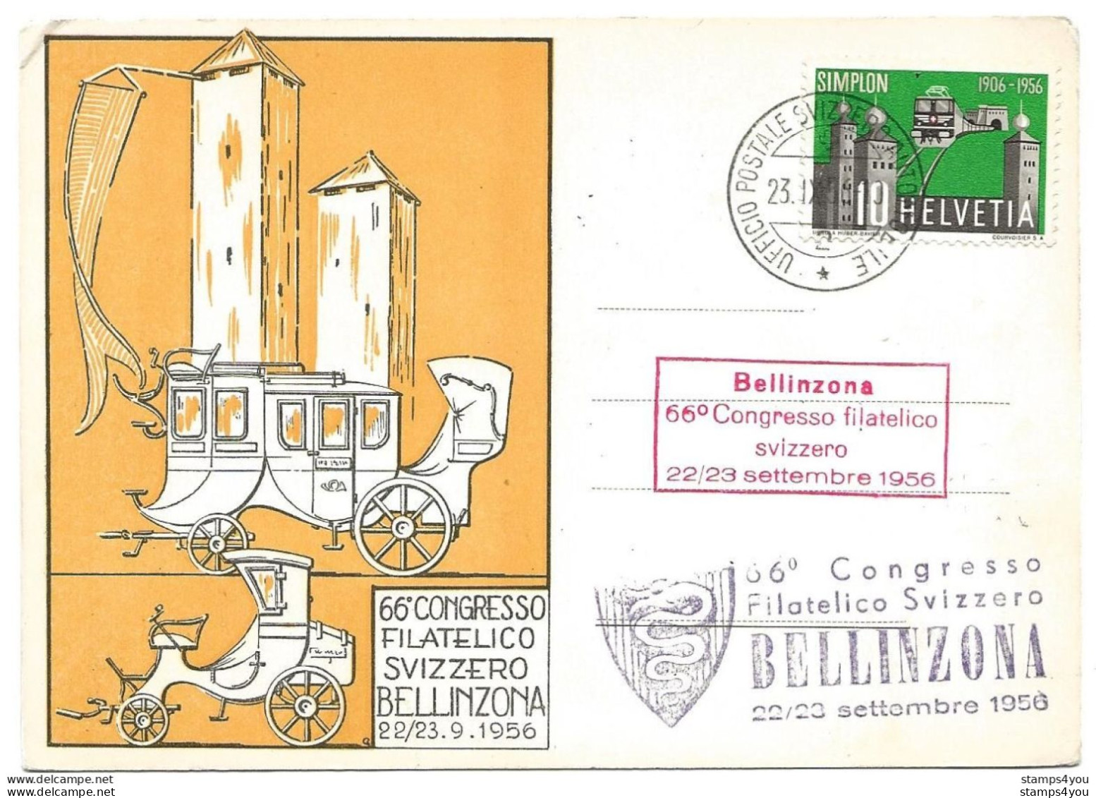 54 - 48 - Carte Avec Oblit Spéciale "Bellinzona 66. Congresso Filatelico Svizzero 1956" - Marcophilie