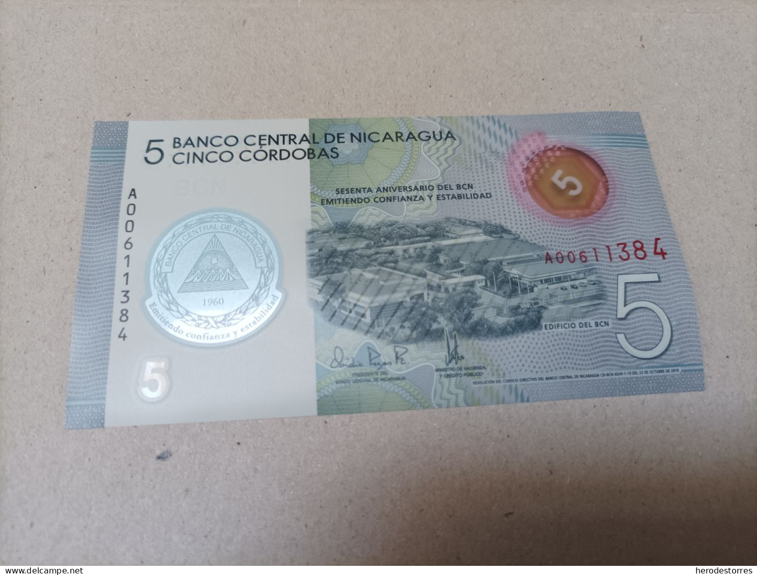 Billete Nicaragua, 5 Córdobas, Año 2019, Numero Bajo, Serie A00611384, UNC - Nicaragua