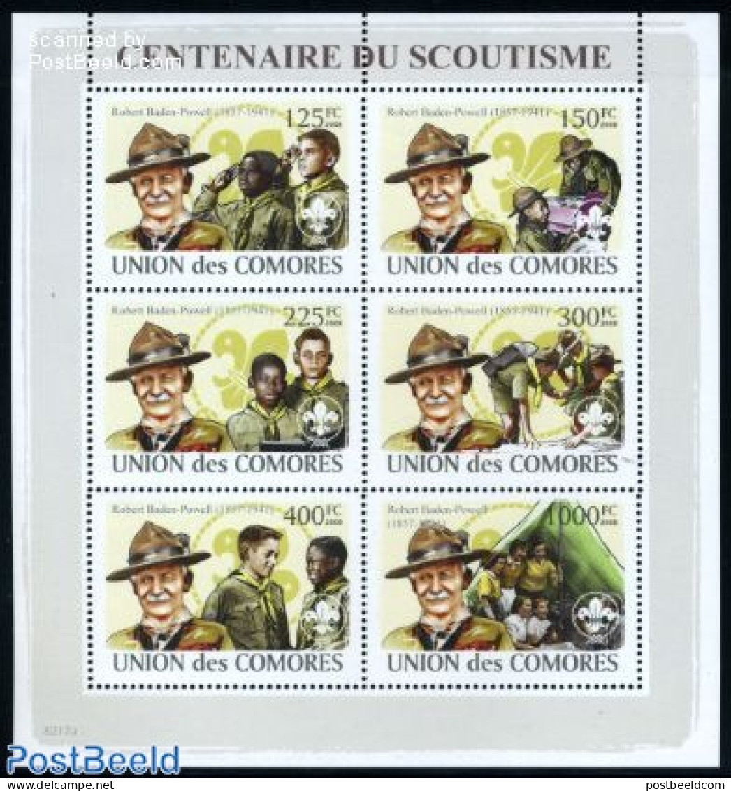 Comoros 2008 Scouting Centenary 6v M/s, Mint NH, Sport - Scouting - Comores (1975-...)