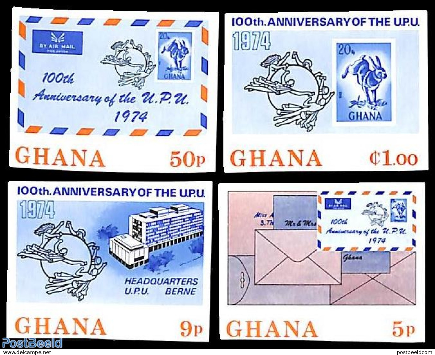 Ghana 1974 UPU 4v Imperforated, Mint NH, Stamps On Stamps - U.P.U. - Timbres Sur Timbres