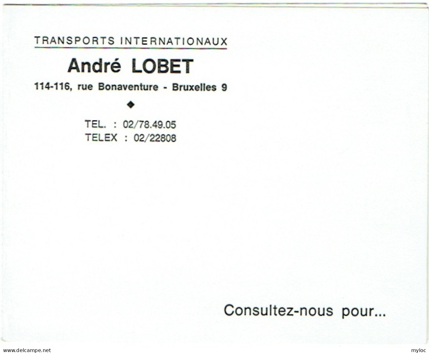 Carte Visite. Transports-Déménagements André Lobet, Bruxelles. - Cartes De Visite