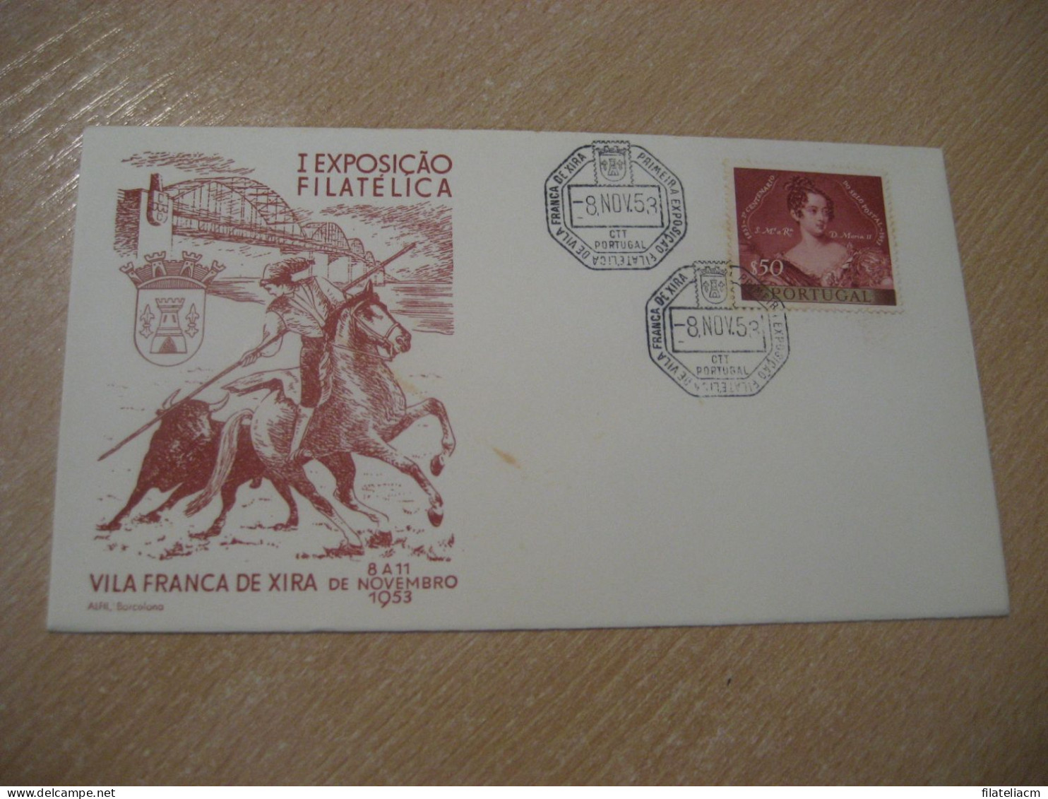 VILA FRANCA DE XIRA 1953 Expo Filatelica Toro Rejoneador Cow Bull Horse Matador Cancel Cover PORTUGAL - Lettres & Documents