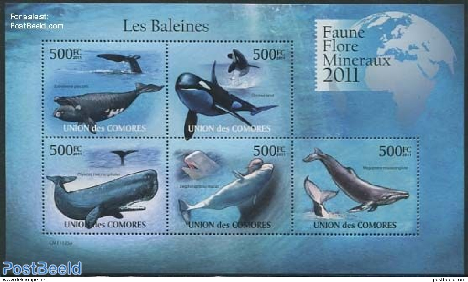 Comoros 2011 Whales 5v M/s, Mint NH, Nature - Sea Mammals - Comores (1975-...)