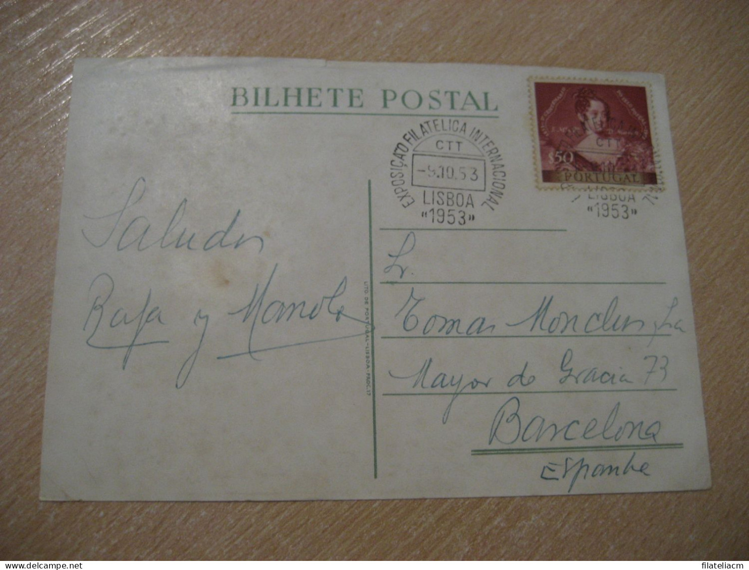 LISBOA 1953 Expo Filatelica Int. Cancel D. Maria II Slight Damaged Bilhete Postal Postcard PORTUGAL - Lettres & Documents