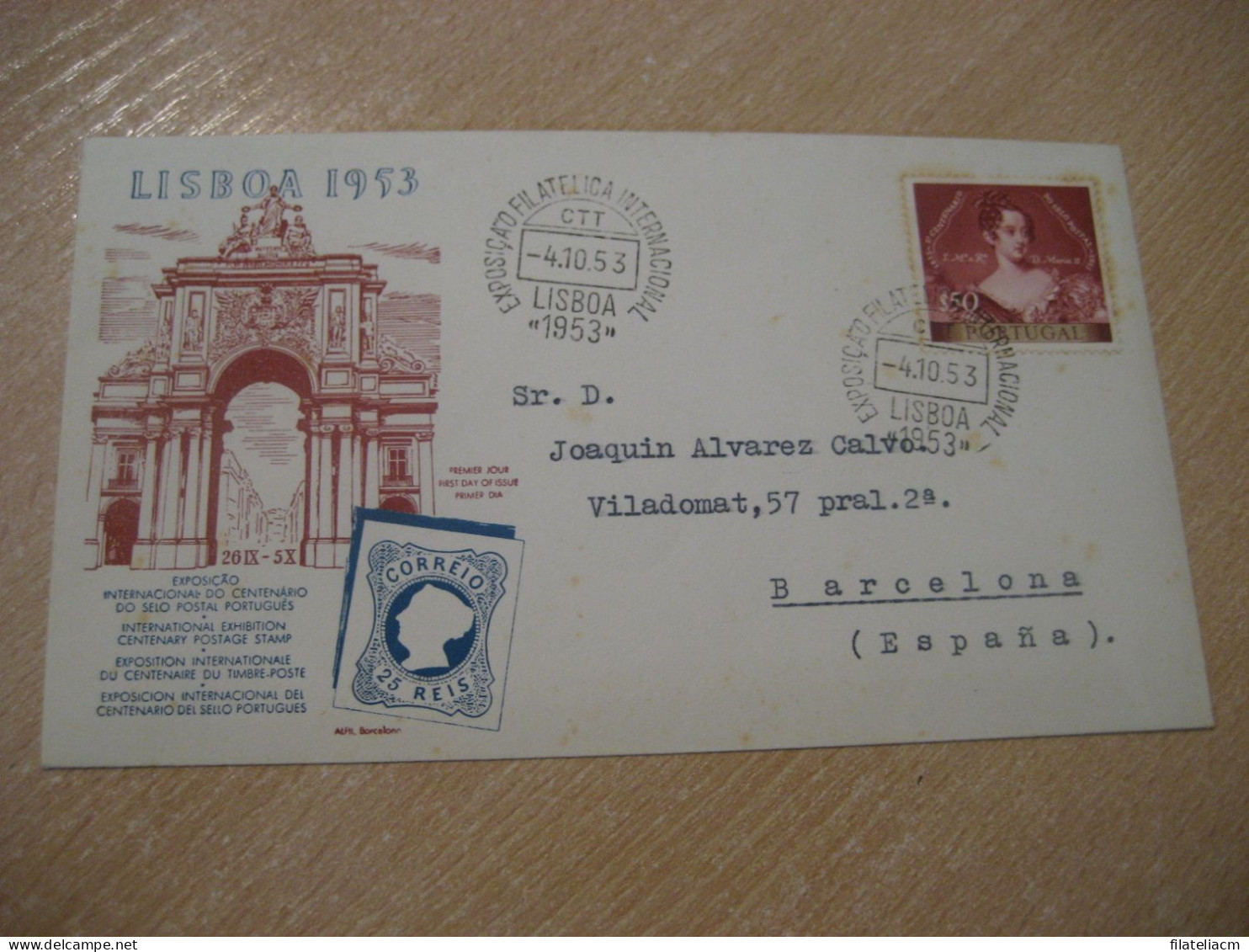 LISBOA 1953 To Barcelona Spain Expo Filatelica Int. Centenary Postage Stamp Cancel Cover PORTUGAL - Covers & Documents