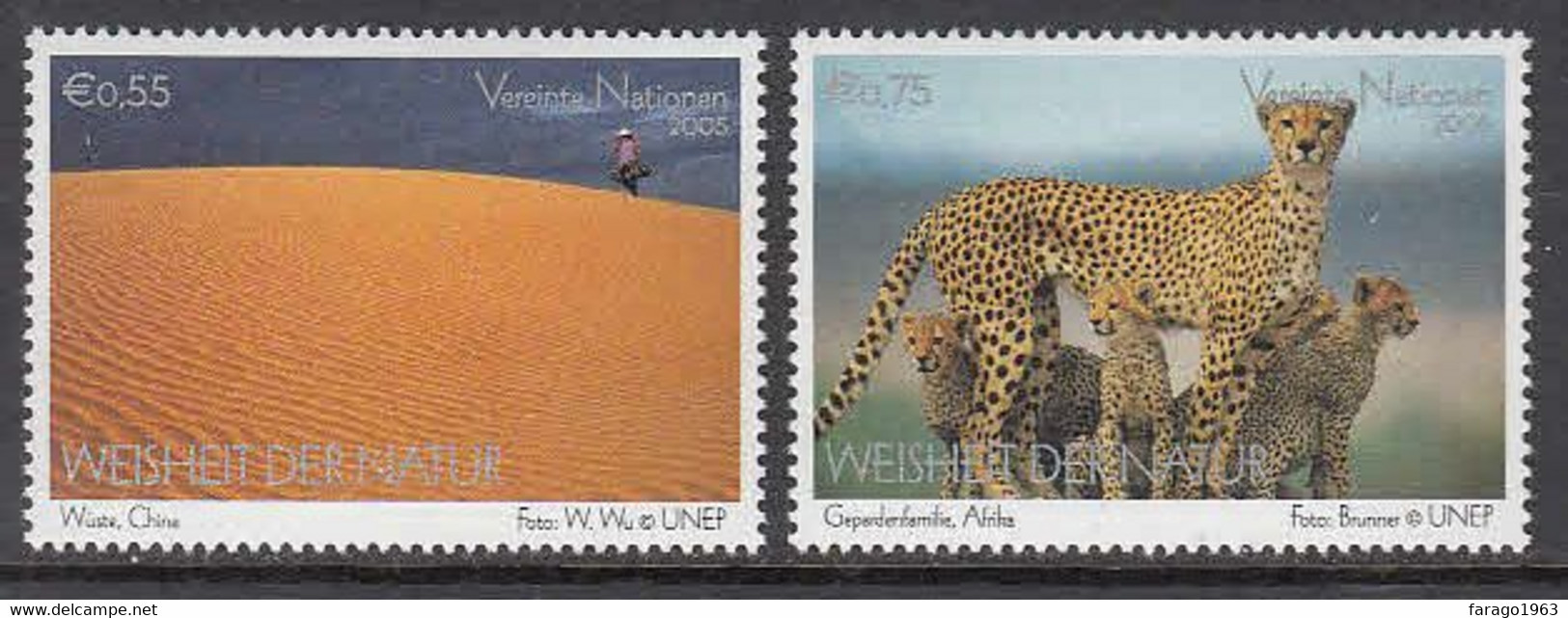 2005 United Nations Vienna Desert Landscape Cheetahs Cats Complete Set Of 2 MNH @ BELOW FACE VALUE - Nuevos