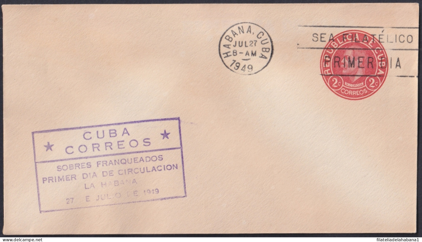 1949-EP-190 CUBA REPUBLICA 1949 2c M. CORONA FDC VIOLET COVER POSTAL STATIONERY.  - Otros & Sin Clasificación