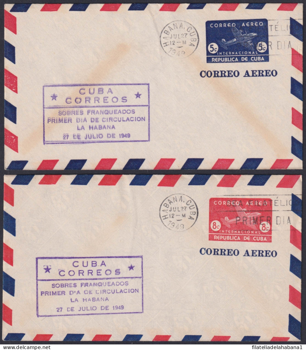 1949-EP-195 CUBA REPUBLICA 1949 5c+8c AIRMAIL AIRPLANE FDC VIOLET COVER POSTAL STATIONERY.  - Andere & Zonder Classificatie