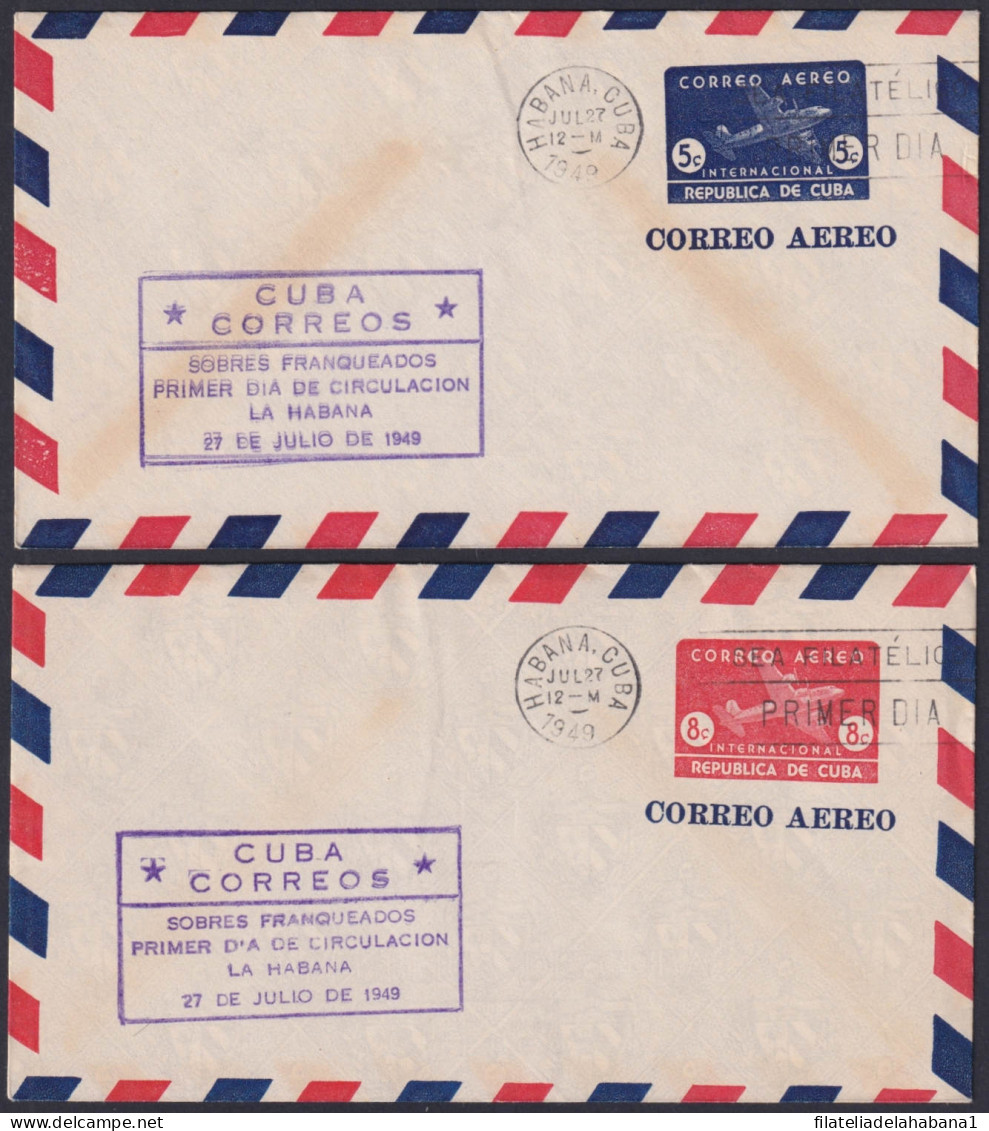 1949-EP-195 CUBA REPUBLICA 1949 5c+8c AIRMAIL AIRPLANE FDC VIOLET COVER POSTAL STATIONERY.  - Autres & Non Classés