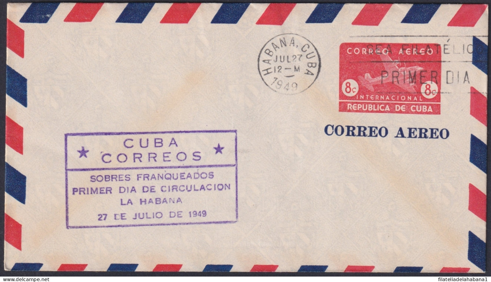 1949-EP-197 CUBA REPUBLICA 1949 8c AIRMAIL AIRPLANE FDC VIOLET COVER POSTAL STATIONERY.  - Autres & Non Classés