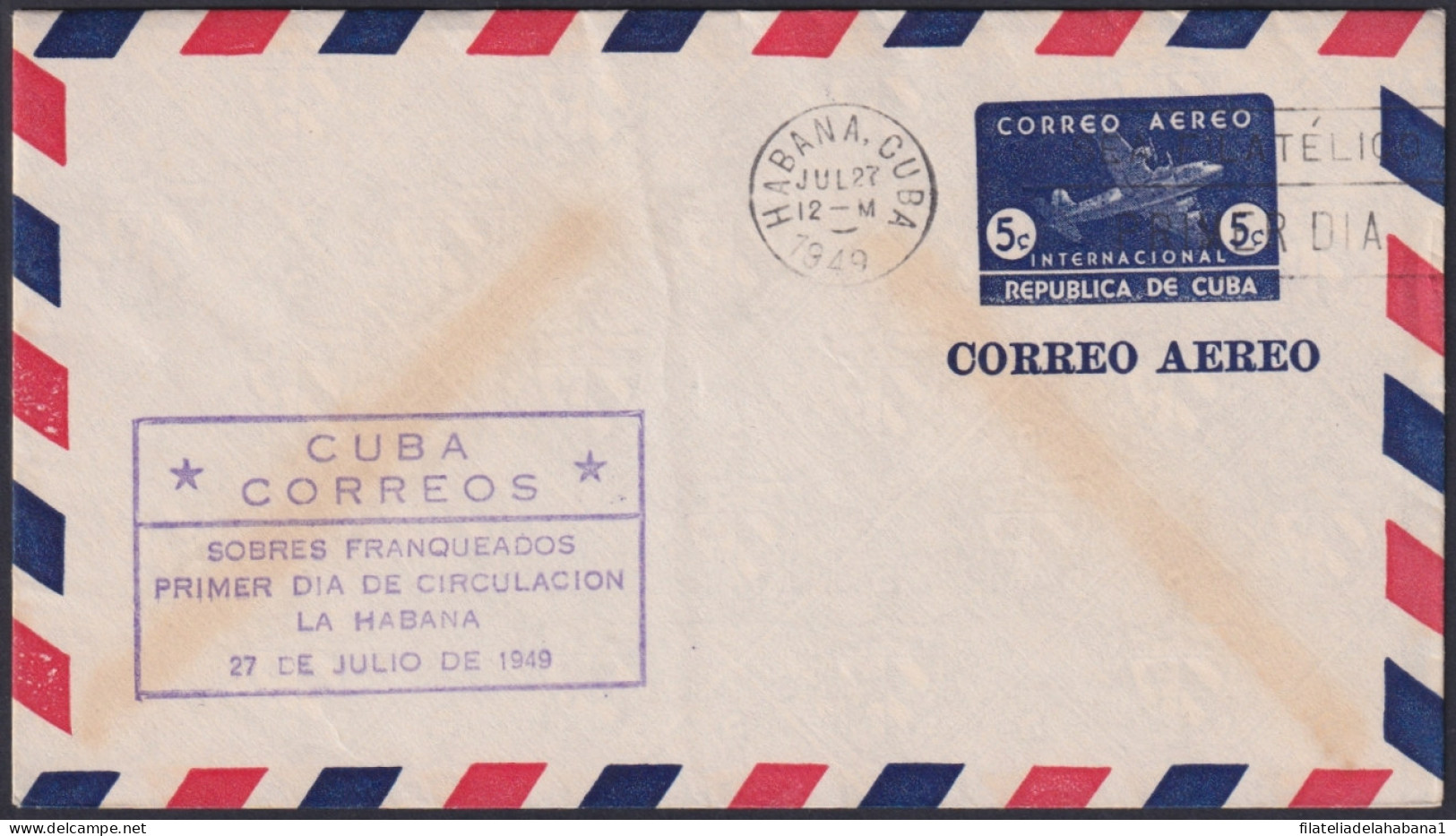 1949-EP-198 CUBA REPUBLICA 1949 5c AIRMAIL AIRPLANE FDC VIOLET COVER POSTAL STATIONERY.  - Autres & Non Classés