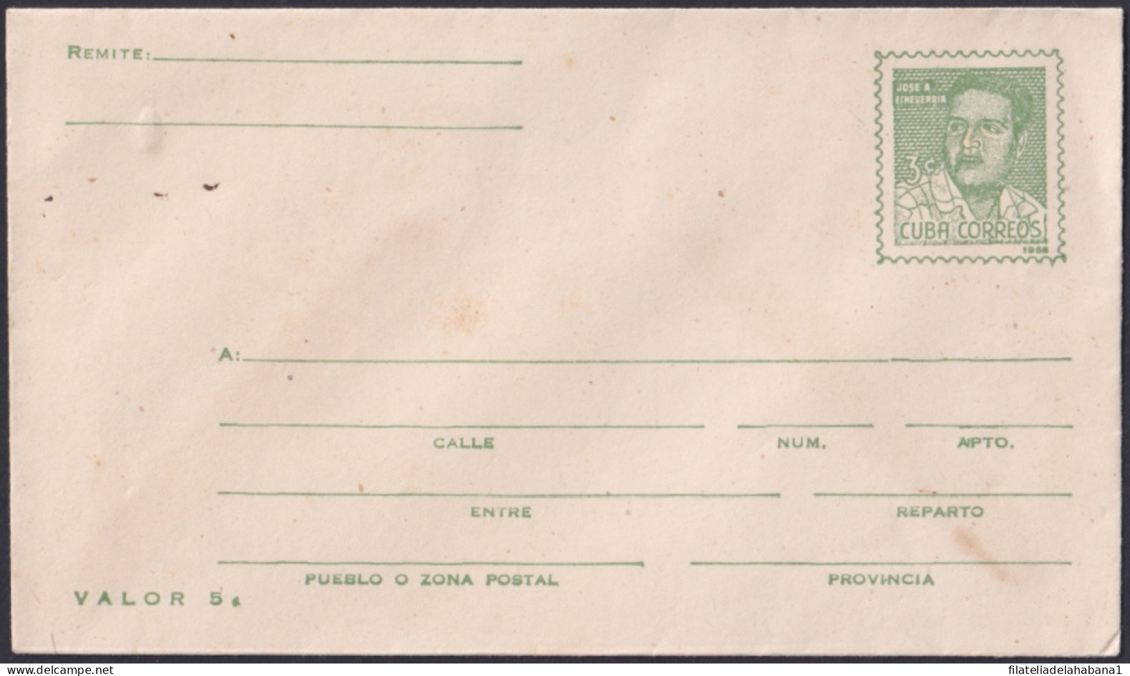 1968-EP-113 CUBA 1968 3c JOSE A. ECHEVARRIA POSTAL STATIONERY COVER UNUSED.  - Sonstige & Ohne Zuordnung