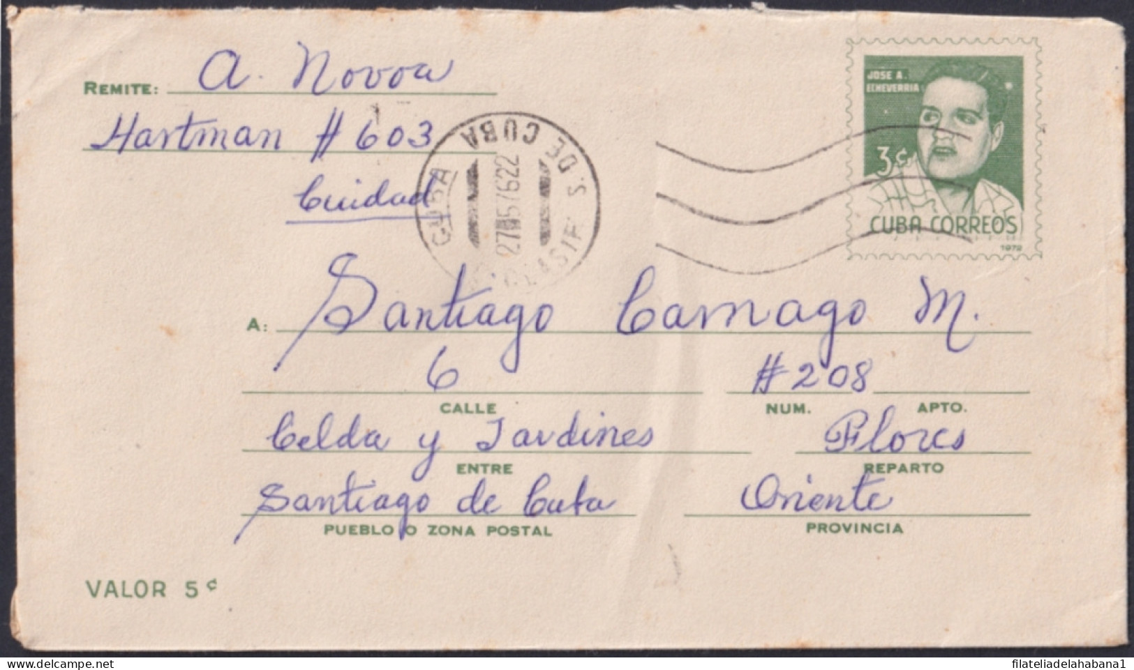 1972-EP-72 CUBA 1972 3c JOSE A. ECHEVARRIA POSTAL STATIONERY COVER USED.  - Andere & Zonder Classificatie