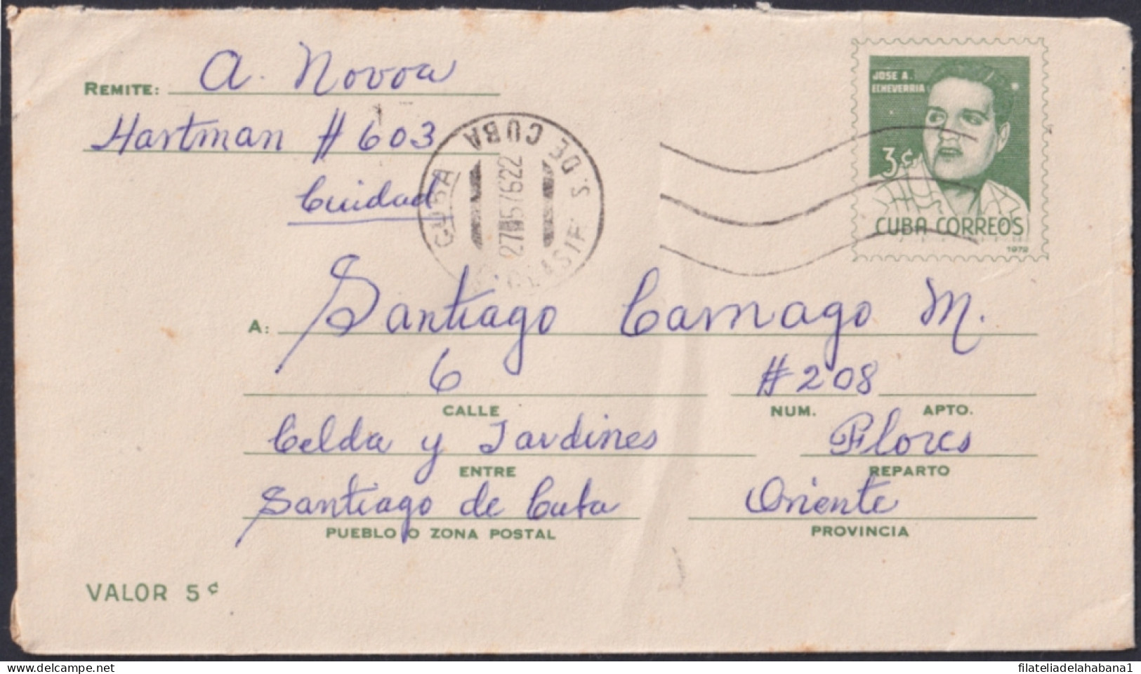 1972-EP-72 CUBA 1972 3c JOSE A. ECHEVARRIA POSTAL STATIONERY COVER USED.  - Sonstige & Ohne Zuordnung