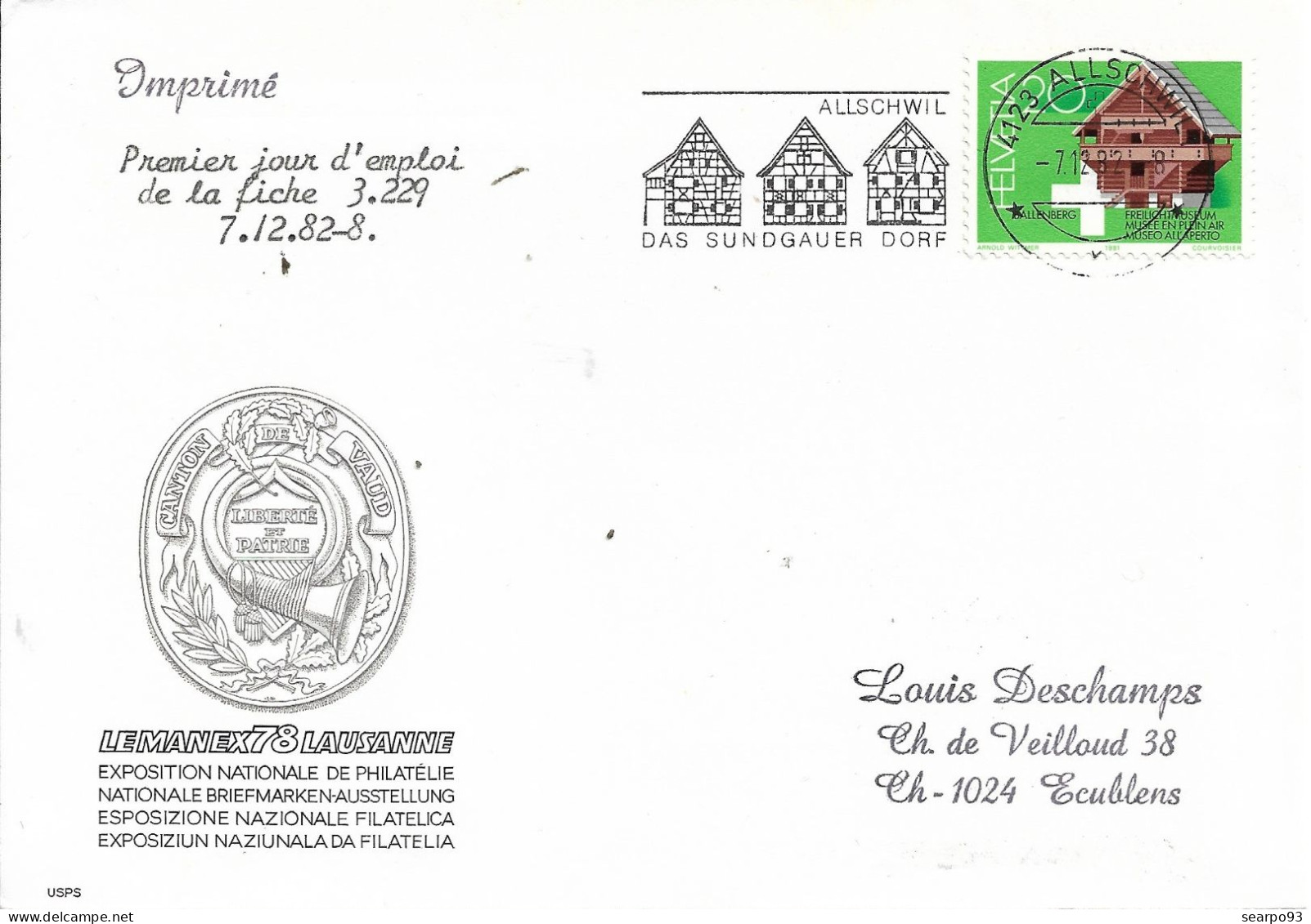 SWITZERLAND. POSTMARK ALLSCHWIL. 1982 - Marcophilie