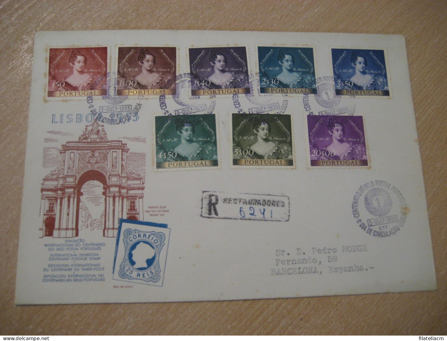 LISBOA 1953 Centenario Sello Postal Centenary MARIA II Set Queen Royalty Royal Family Registered FDC Cover PORTUGAL - Covers & Documents