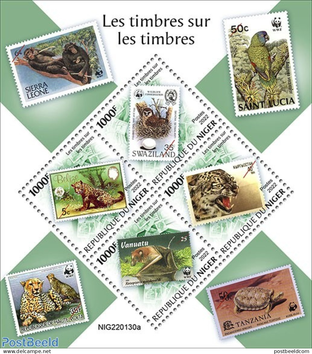 Niger 2022 Stamps On Stamps, Mint NH, Nature - Bats - Birds - Cat Family - Monkeys - Owls - Parrots - Turtles - World .. - Timbres Sur Timbres