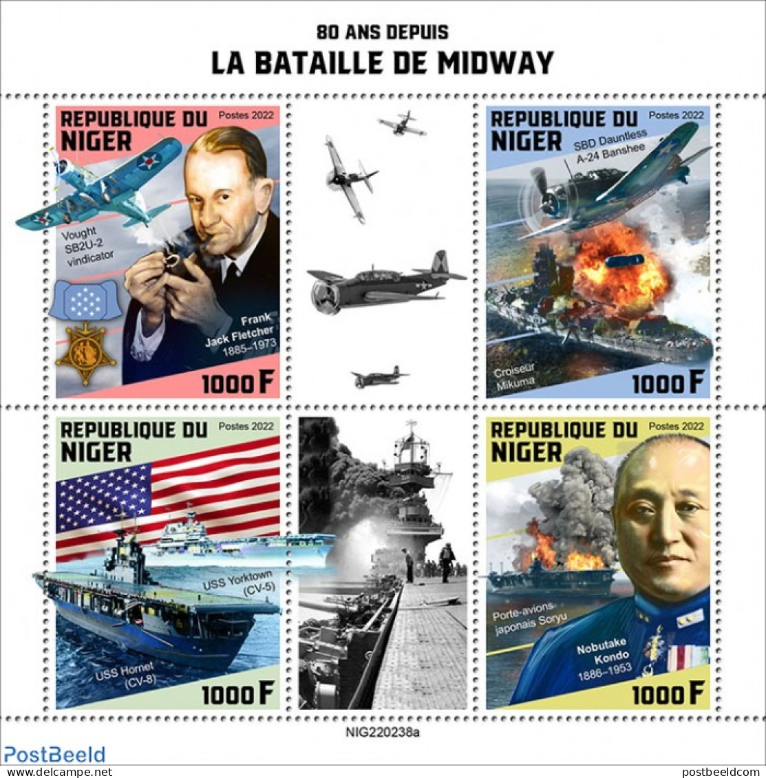 Niger 2022 80 Years Since The Battle Of Midway, Mint NH, History - Transport - World War II - Aircraft & Aviation - Sh.. - Seconda Guerra Mondiale