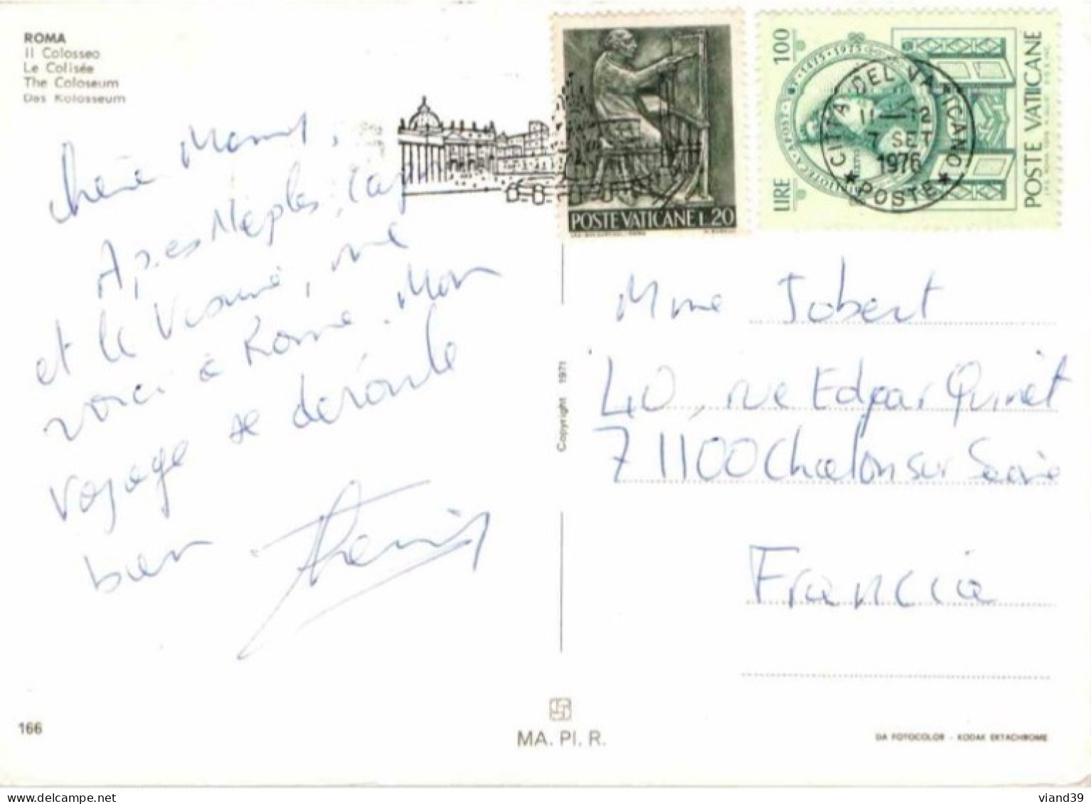 Le Colisée.    -  Cachet Poste 1976. Timbres Cité Du Vatican - Colosseum