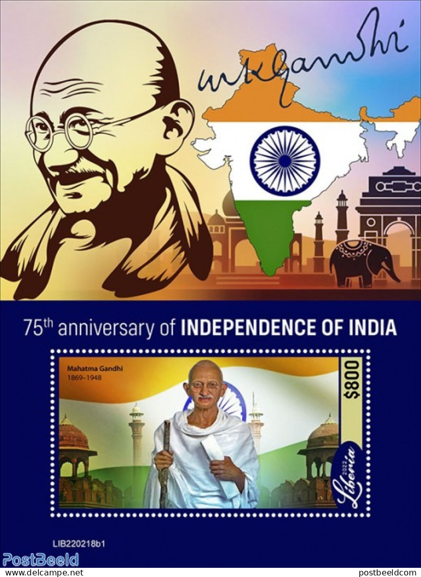Liberia 2022 75th Anniversary Of Independence Of India, Mint NH, History - Gandhi - Mahatma Gandhi