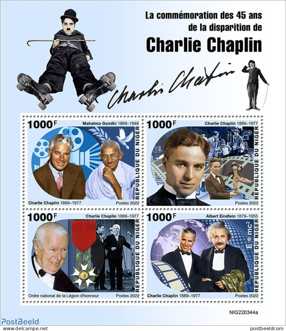 Niger 2022 45th Memorial Anniversary Of Charlie Chaplin, Mint NH, History - Performance Art - Gandhi - Movie Stars - Mahatma Gandhi