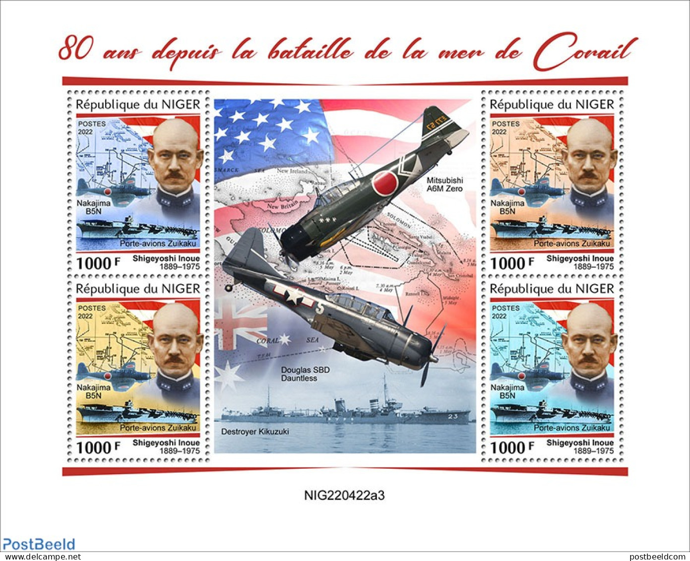 Niger 2022 80 Years Since The Battle Of The Coral Sea, Mint NH, History - Transport - Flags - World War II - Aircraft .. - Seconda Guerra Mondiale