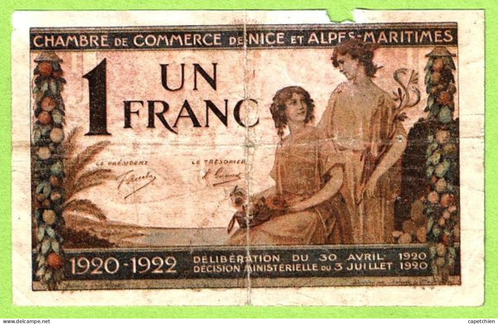 FRANCE / CHAMBRE De COMMERCE / NICE - ALPES MARITIMES / 1 FRANC / 30 AVRIL 1920 / N° 0.023.744 / SERIE 110 - Camera Di Commercio