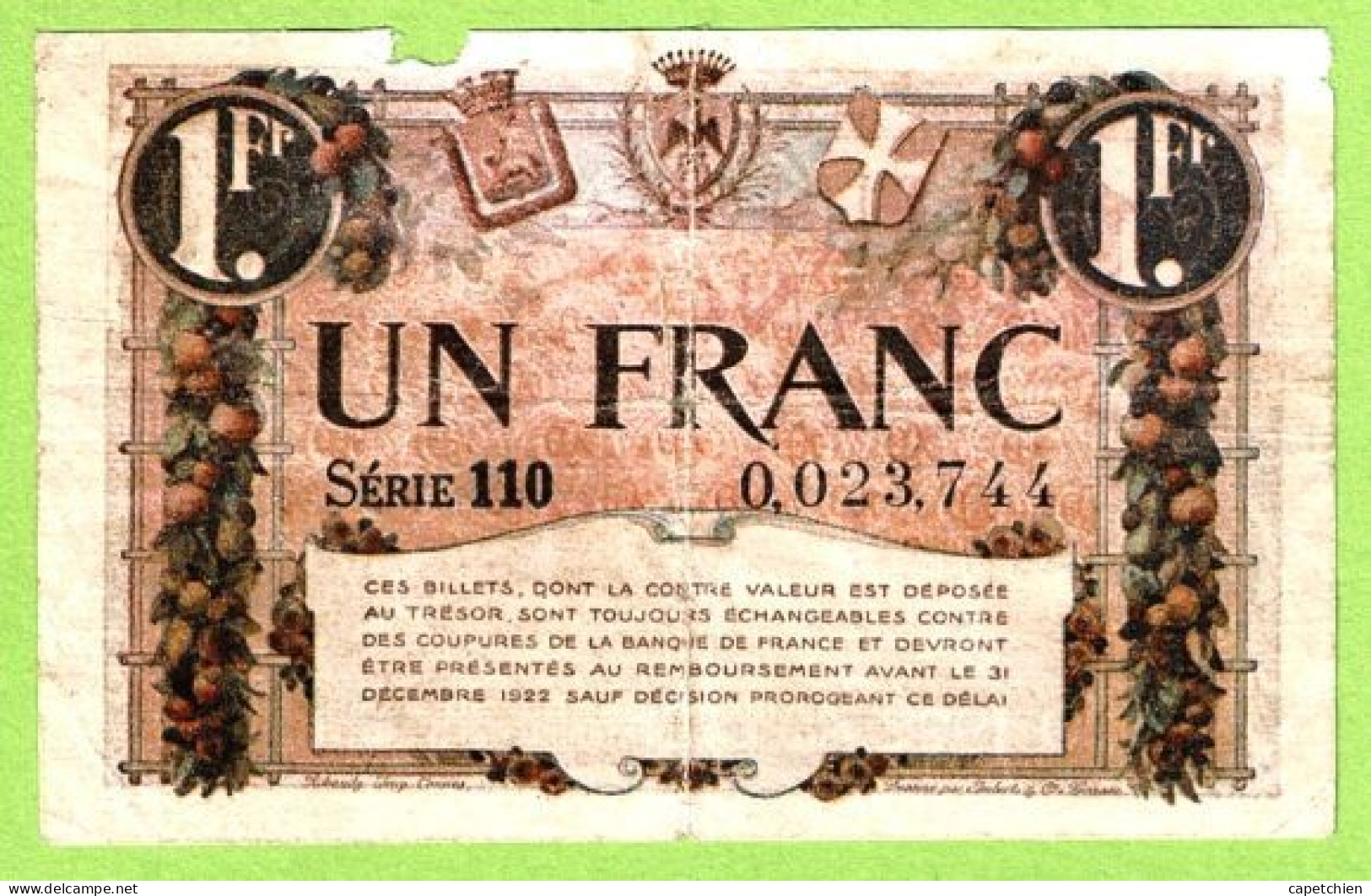 FRANCE / CHAMBRE De COMMERCE / NICE - ALPES MARITIMES / 1 FRANC / 30 AVRIL 1920 / N° 0.023.744 / SERIE 110 - Chamber Of Commerce