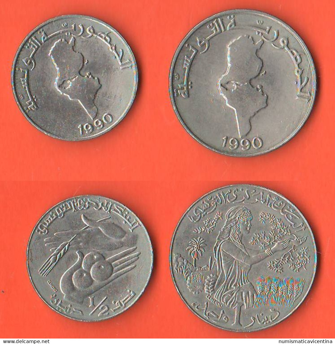 Tunisie 1/2 + 1 Dinar 1990 FAO Tunisia Nickel Coin - Túnez
