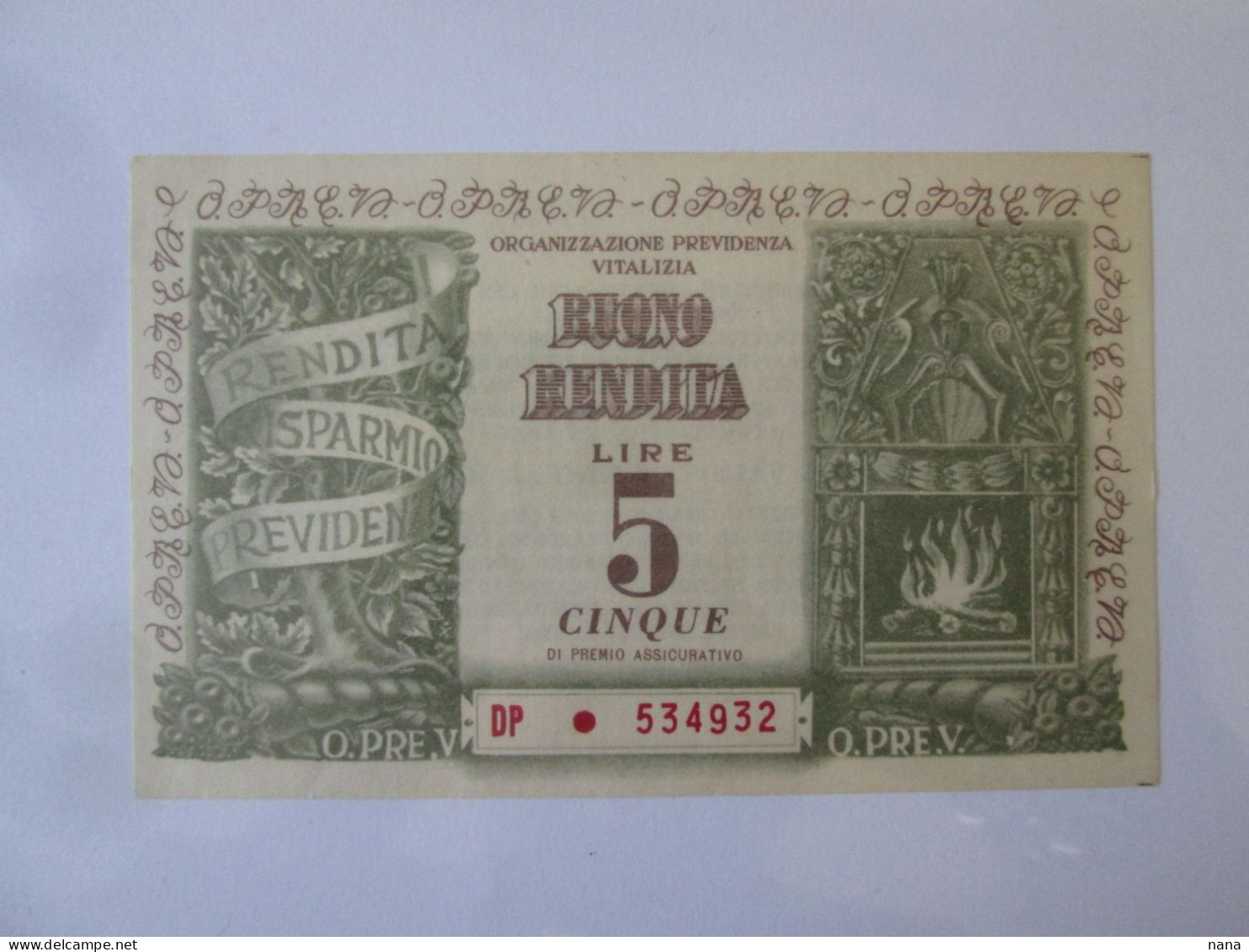 Italy 5 Lire 1959 Buono Rendita/Bonne Rente/Rental Voucher UNC See Pictures - Andere & Zonder Classificatie