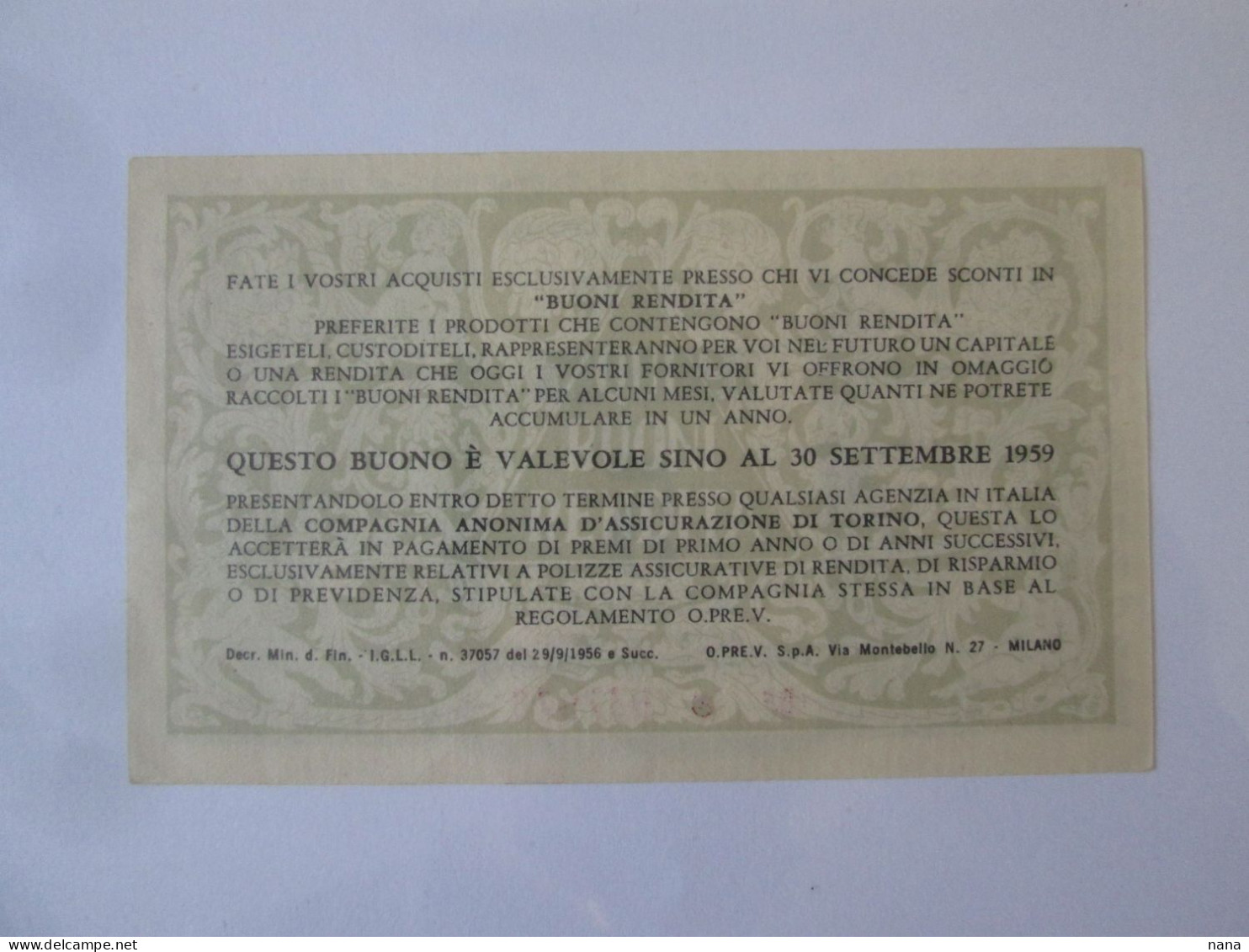 Italy 5 Lire 1959 Buono Rendita/Bonne Rente/Rental Voucher UNC See Pictures - Sonstige & Ohne Zuordnung