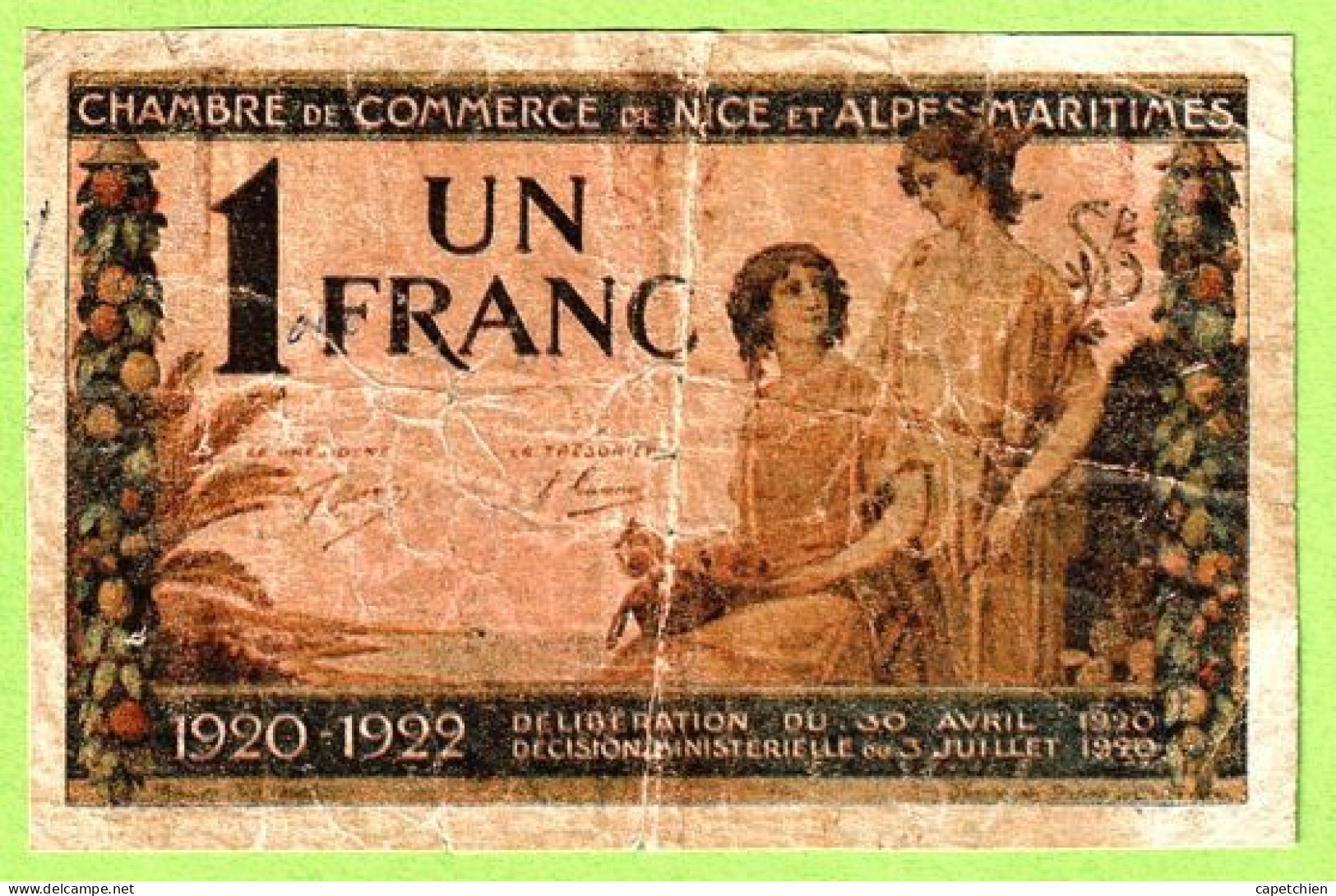 FRANCE / CHAMBRE De COMMERCE / NICE - ALPES MARITIMES / 1 FRANC / 30 AVRIL 1920 / N° 0.030.985 / SERIE 145 - Camera Di Commercio