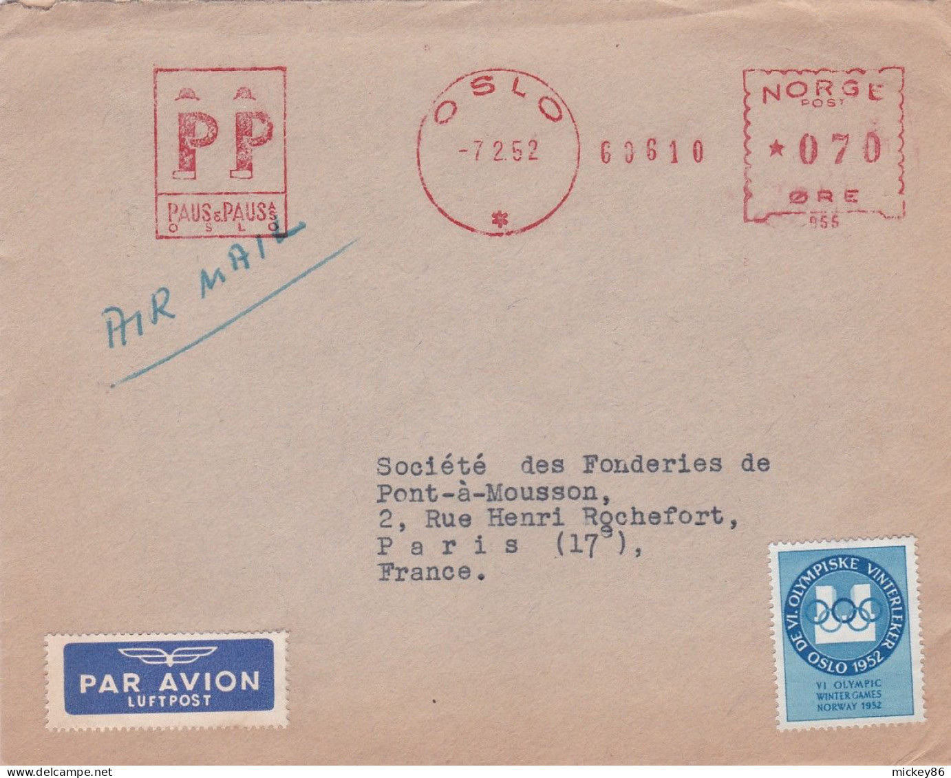 Norvège -1952--Lettre D'OSLO Pour PARIS-17° (France)-belle  EMA  Paus & Paus..vignette Jeux Olympiques D'hiver OSLO 1952 - Cartas & Documentos