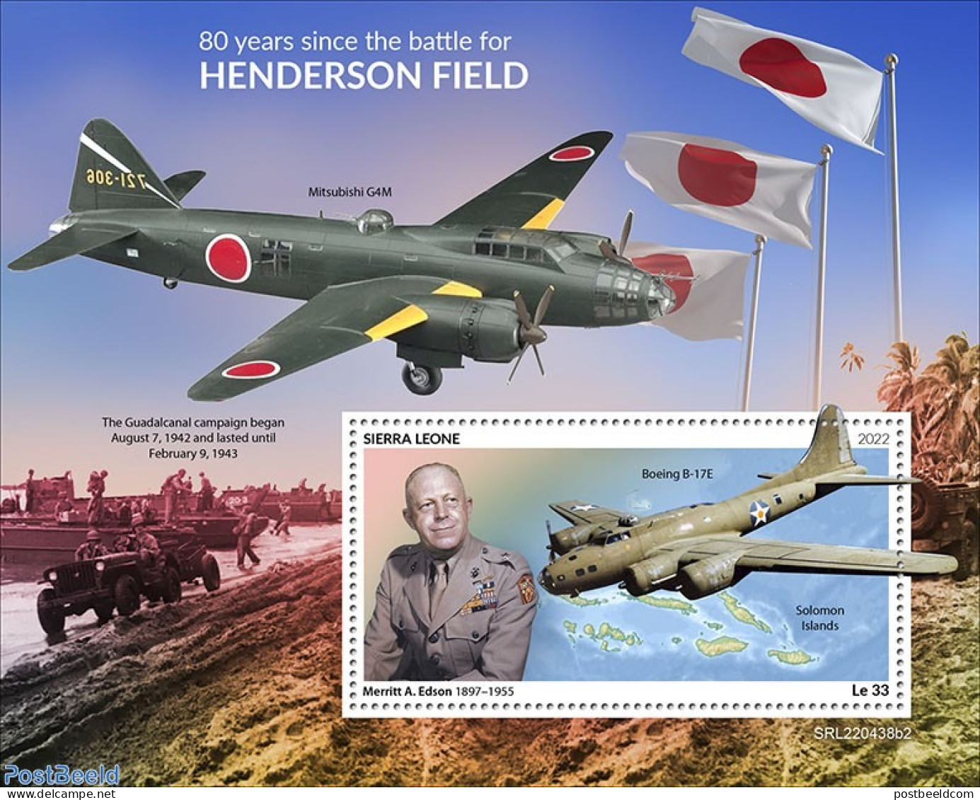 Sierra Leone 2022 80 Years Since The Battle Of Henderson Field, Mint NH, History - Transport - Flags - World War II - .. - WW2