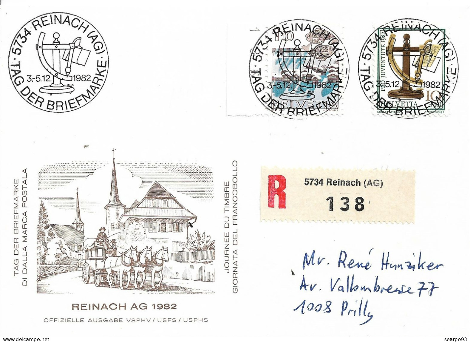 SWITZERLAND. POSTMARK STAMP DAY 1982. REINACH. REGISTERED MAIL - Marcophilie