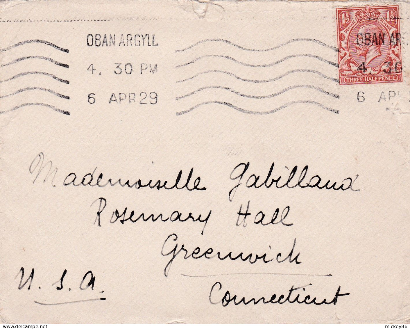 Grande-Bretagne--1929--Lettre De OBAN ARGYLL Pour Greenwich (Conn)-USA...timbre......beau Cachet Mécanique - Storia Postale