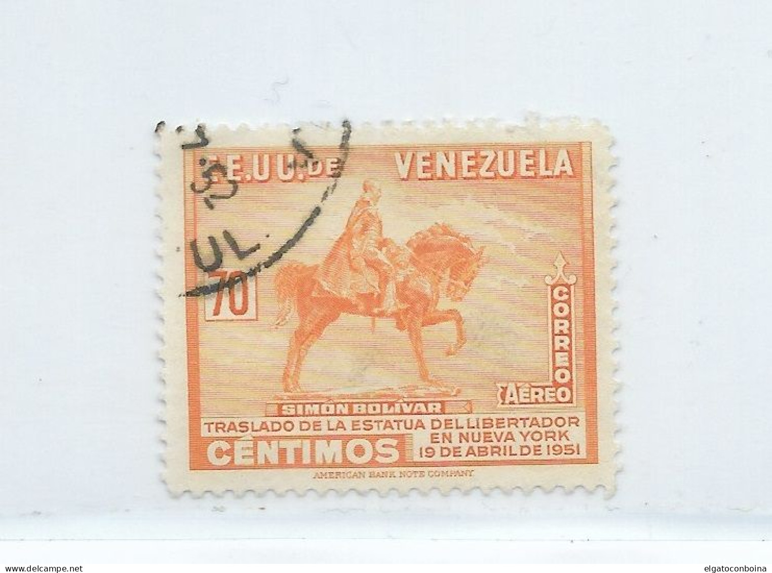 VENEZUELA 1951 BOLIVAR STATUE HORSE MILITARY SC C329 USED HIGH VALUE 70C ORANGE - Venezuela