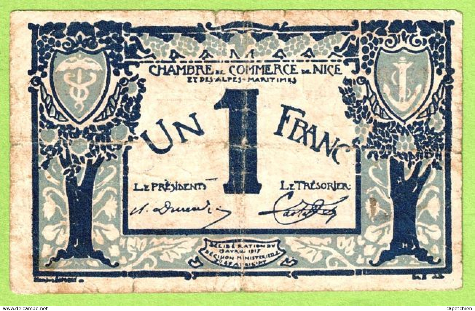 FRANCE / CHAMBRE De COMMERCE / NICE - ALPES MARITIMES / 1 FRANC / 1917-1919 SURCHARGE ROUGE 1920-1921 / N° 20497 / S 64 - Chamber Of Commerce